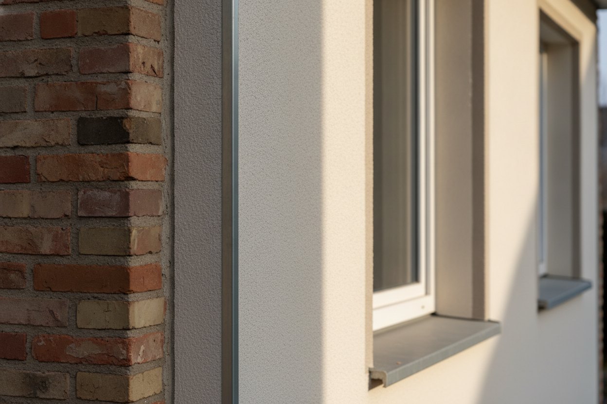 Übergang von Mauerwerk zu erneuerter Fassade und Fenster
